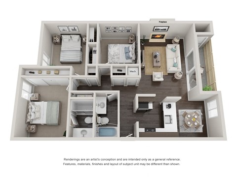 The Willow 3 bedroom 2 bathroom Floor Plan with 1185 Square Feet at Willow Grove Apartments, Sacramento 